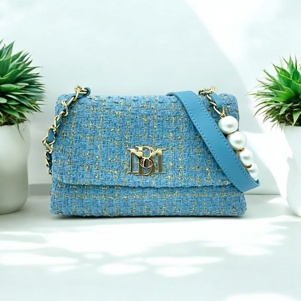 NWT Badgley Mischka Blue Tweed Messenger Crossbody - Picture 2 of 8